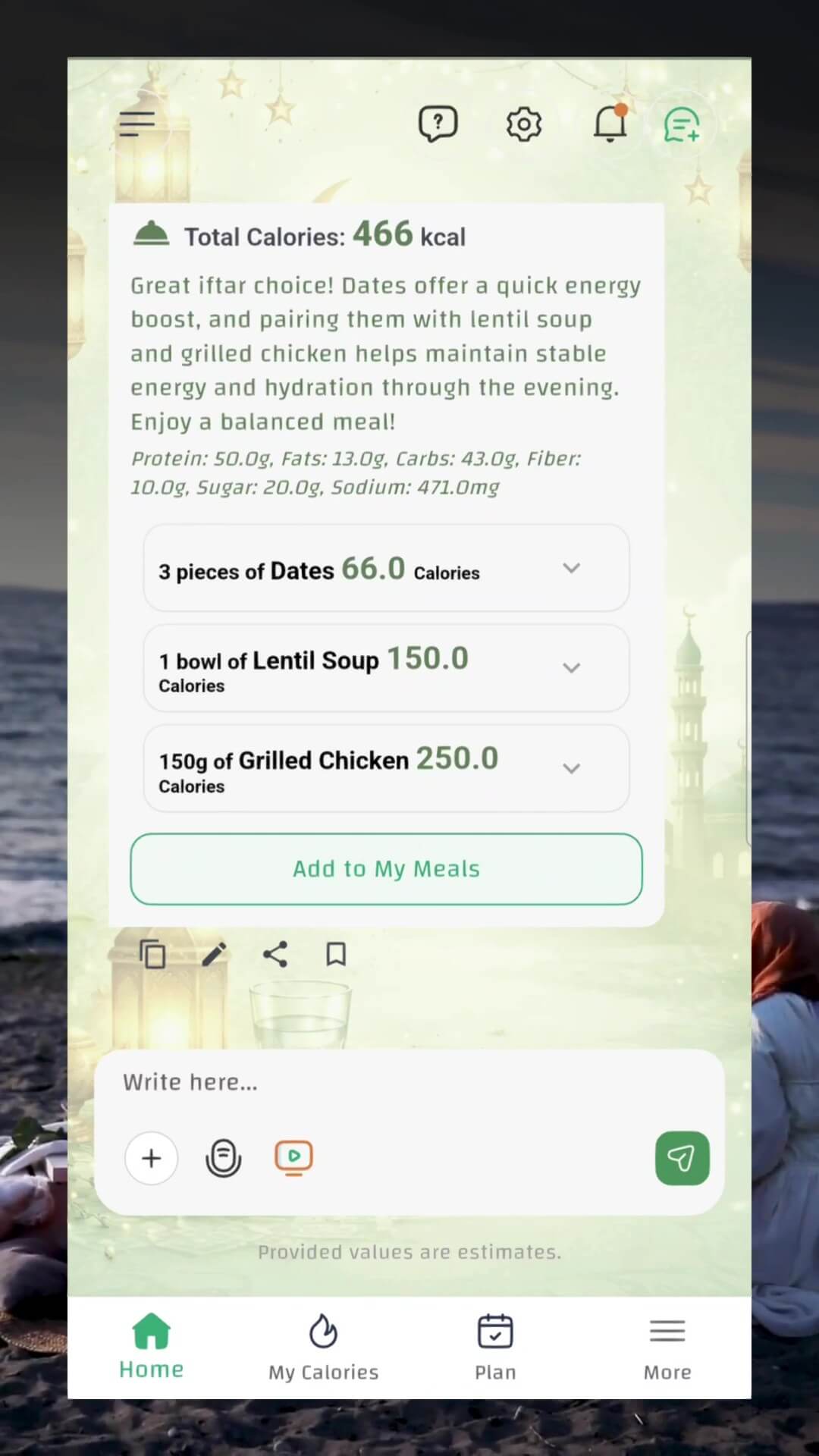 CaloriMate AI feedback for an Iftar meal with calories and macros