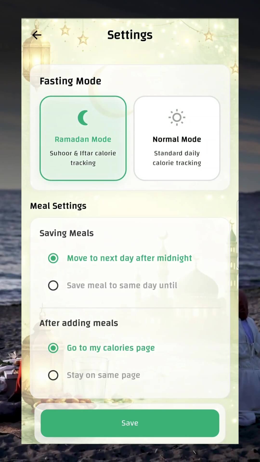 CaloriMate Settings showing Ramadan Mode toggle