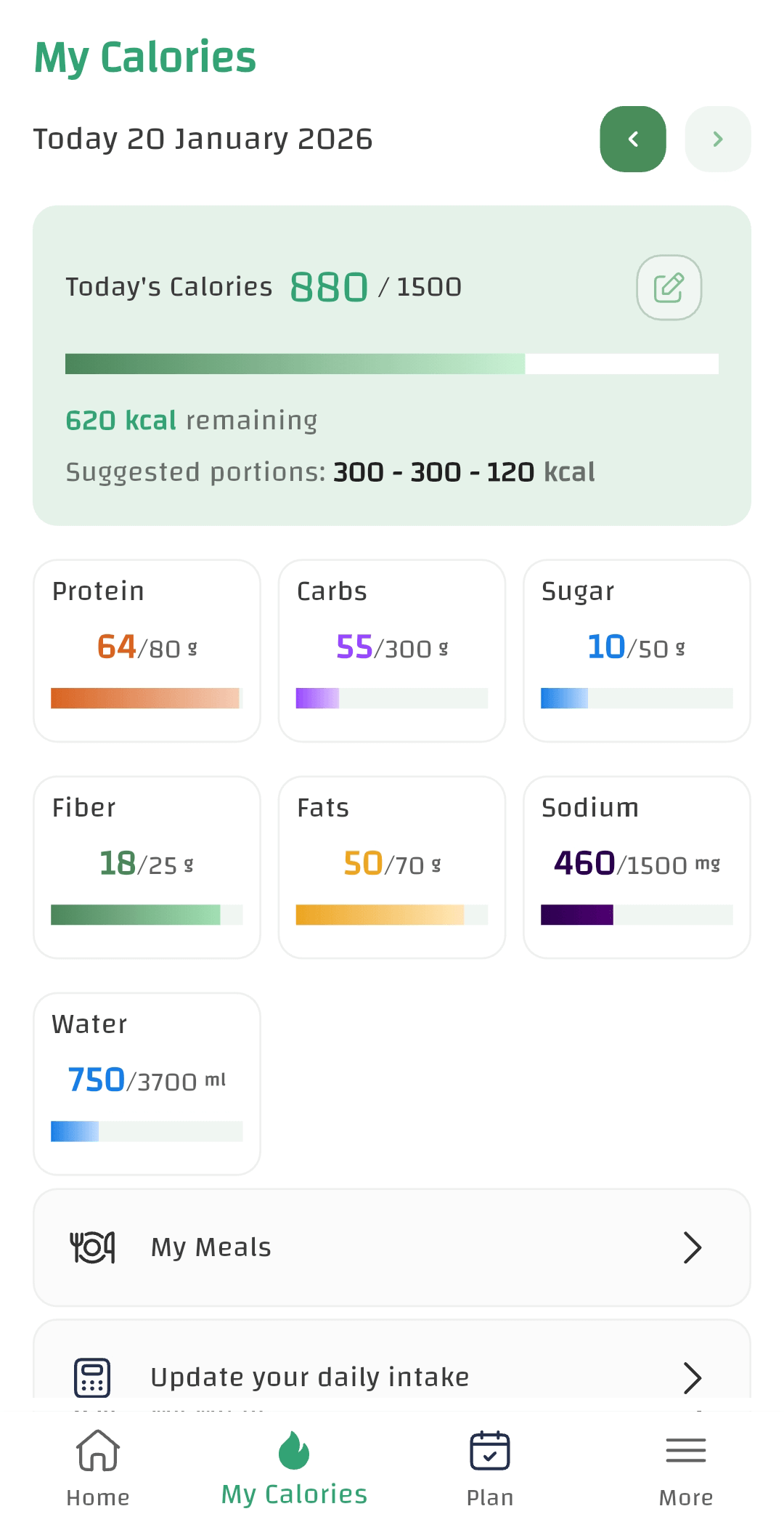 Daily calorie and macro dashboard in CaloriMate AI calorie tracker showing remaining calories and macro progress