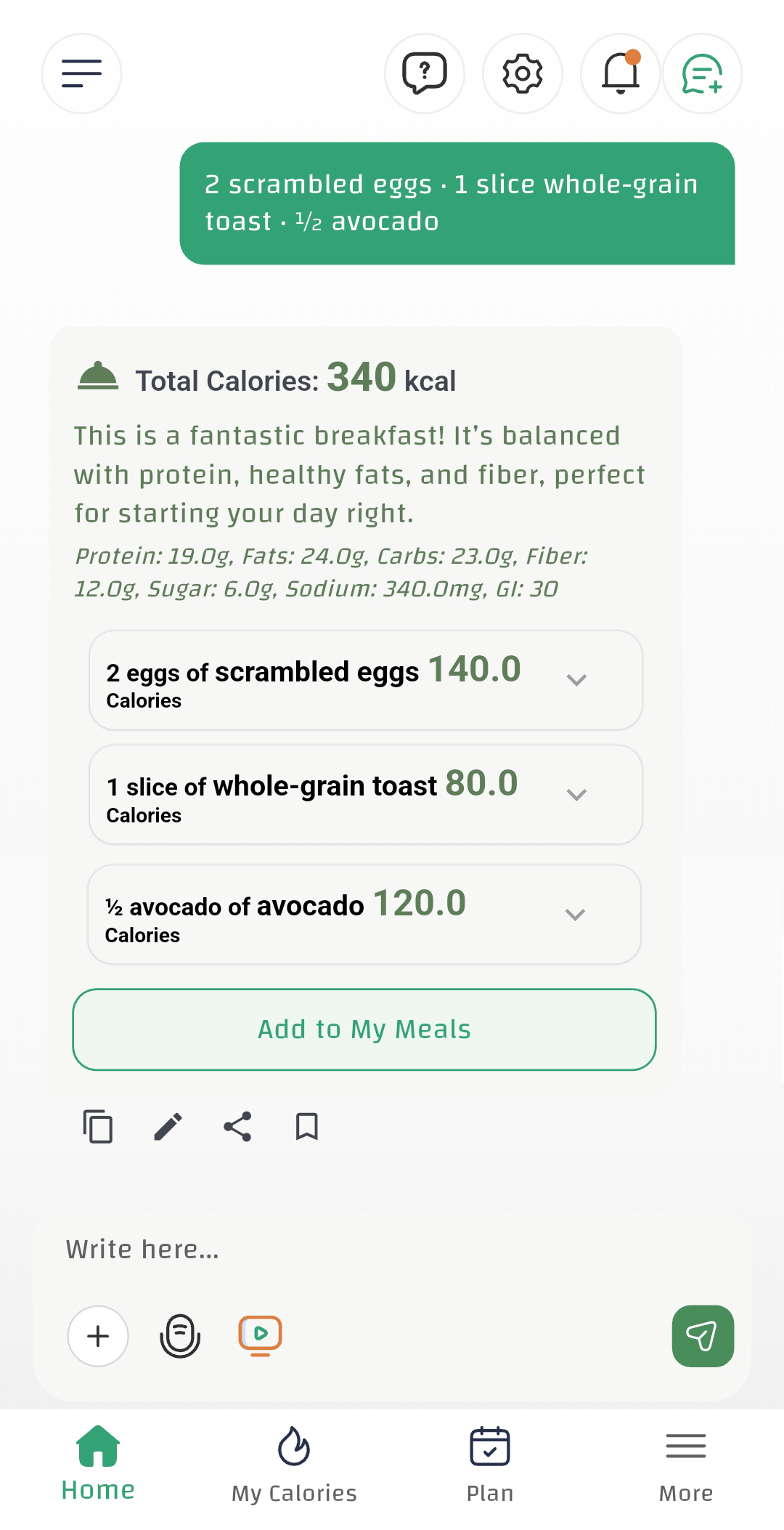 AI calorie counter by CaloriMate converting meal text into calories and macro breakdown