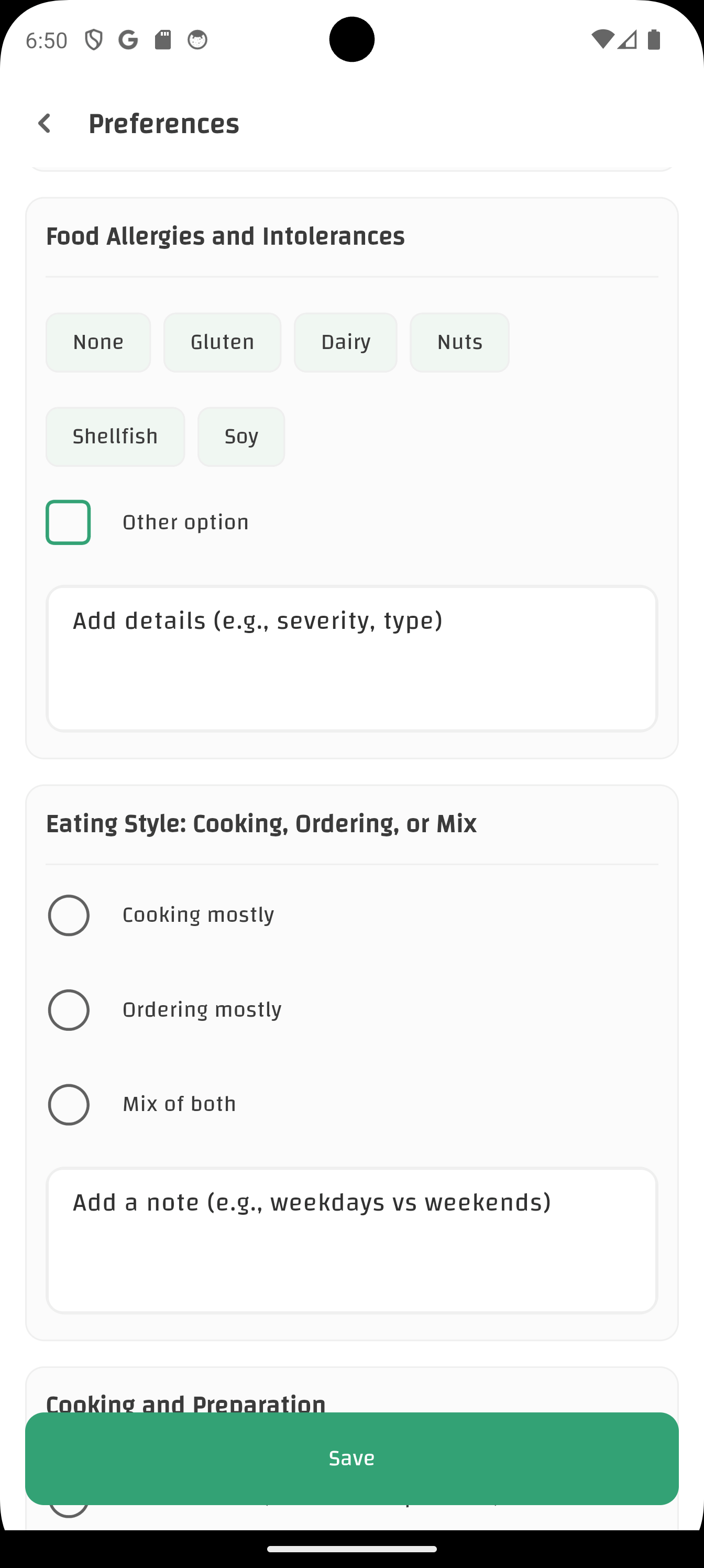AI meal planner survey step 2 in CaloriMate including allergies, cooking time, equipment, and activity level